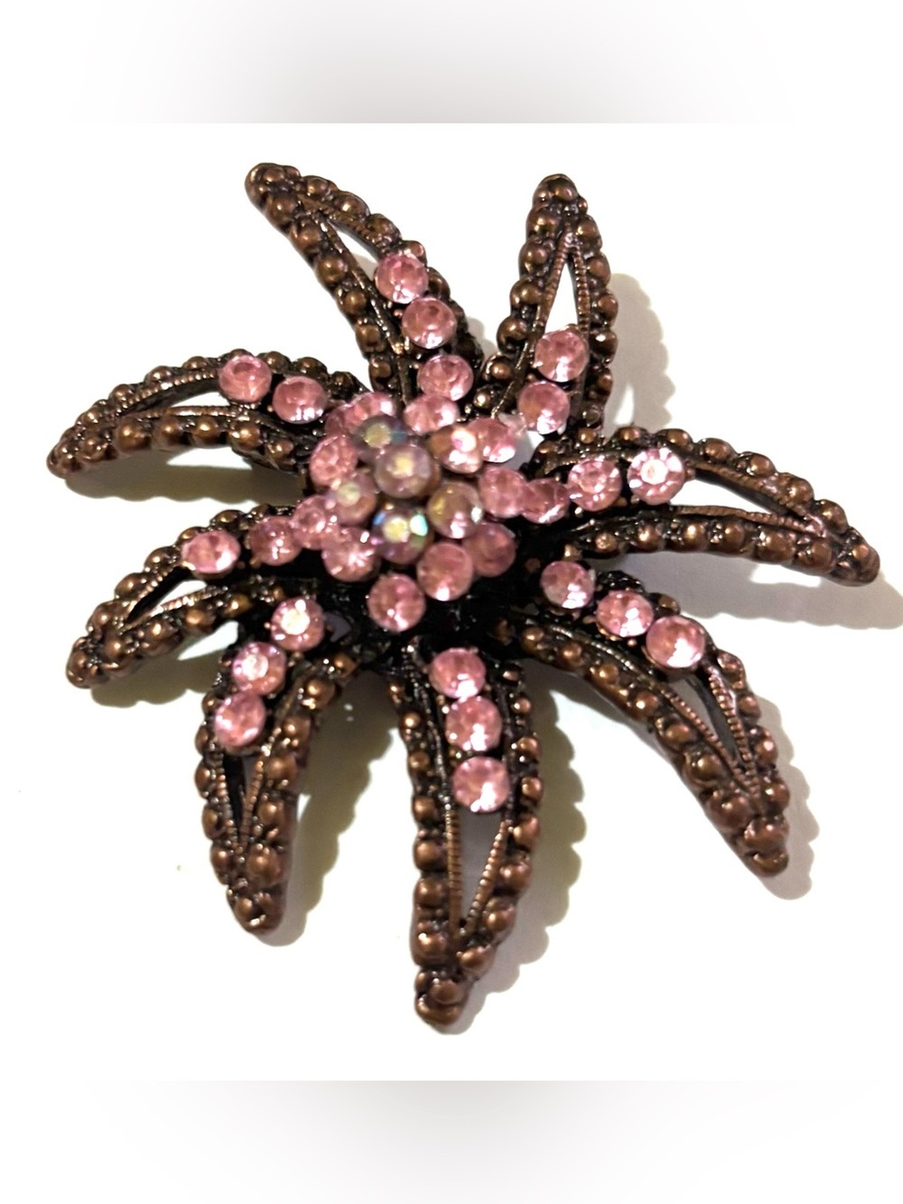 Vintage Pink Crystal Starburst Brooch in Bronze-Tone